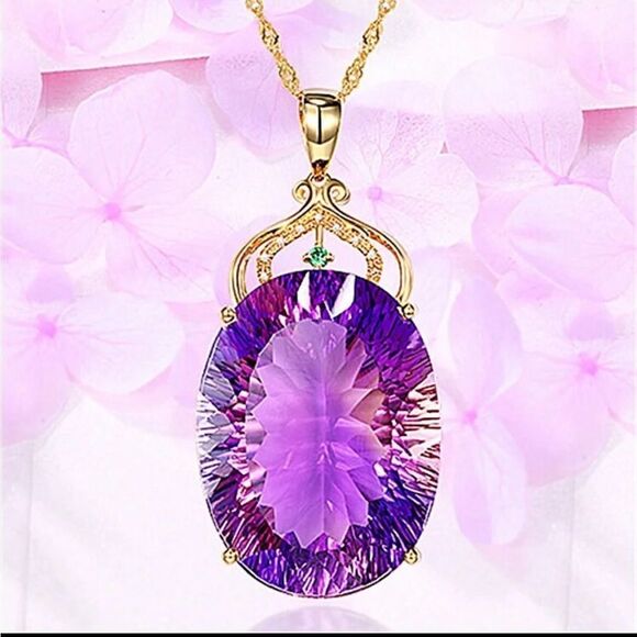Purple Cubic Zirconia Diamond Pendant Queen Princess Bridal Gold Plated Necklace - Picture 3 of 4